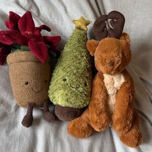 Jellycat Holiday Set with Reindeer, Tree, and Poinsettia